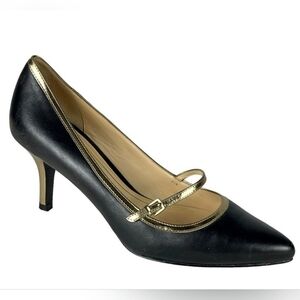 Cole Haan Black w Gold Trim Mary Jane Pointed Toe Pumps W Gold Heels Size: 9M